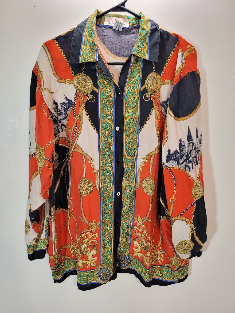 Vintage Stunt Collections Baroque Print Button-Up Red 100% Silk Blouse - Size M